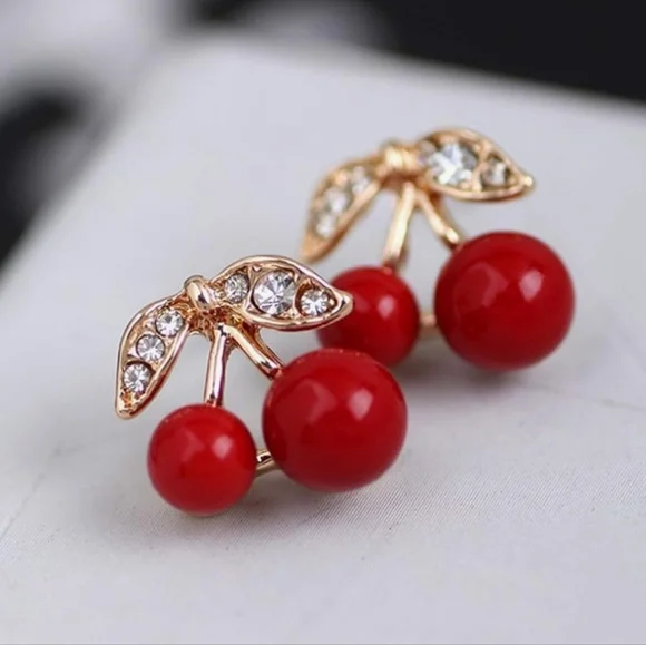 Vintage Look Earrings Red Cherry Crystal Leaf Stud for Women Red Velvet Gift Box - Picture 4 of 8